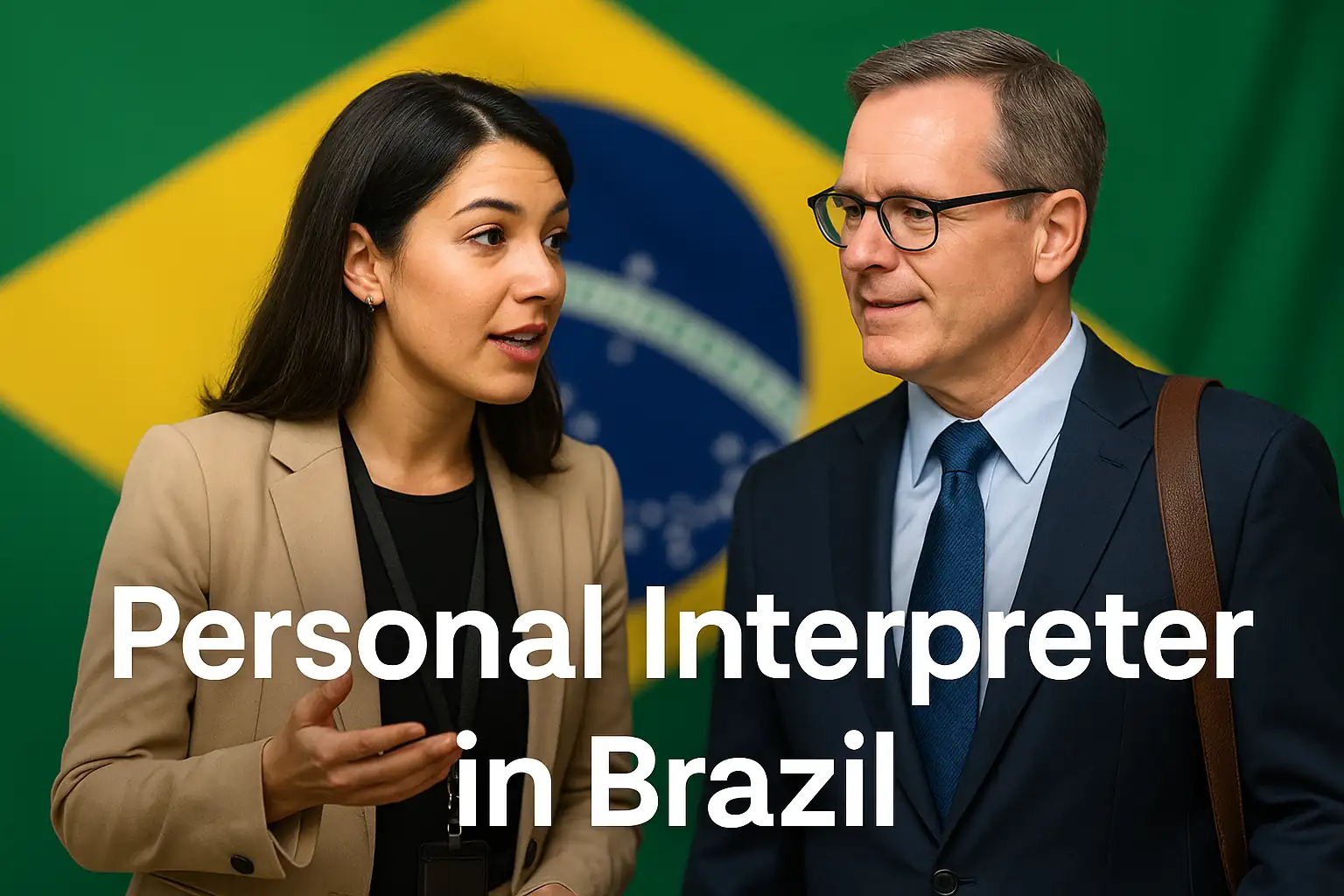 Intérprete brasileira acompanhando executivo estrangeiro diante da bandeira do Brasil
