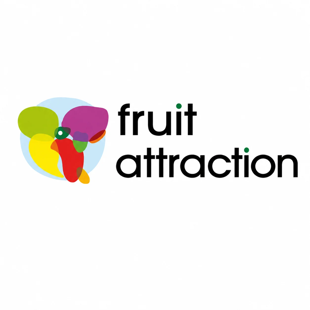 Logotipo da Fruit Attraction com símbolo colorido abstrato em formato orgânico ao lado do nome do evento em letras pretas sobre fundo claro, representando inovação e negócios no setor de frutas e hortaliças.